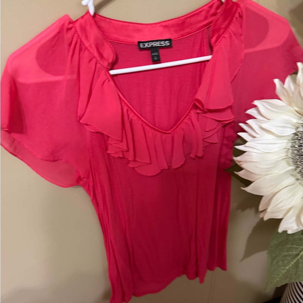 Express Bright Pink Ruffle V-Neck Short Sleeve Blouse